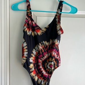 Tie-dye one piece, open back, criss-cross straps in the back